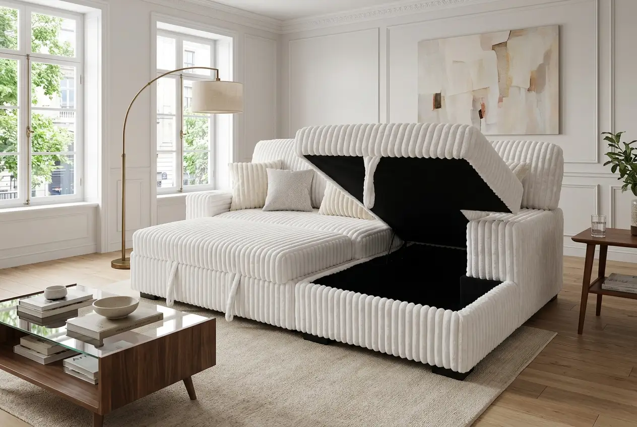 Venice Ivory Corduroy Storage Sleeper Sectional w/ Dual Cupholders & USB Ports by Ornate Furniture