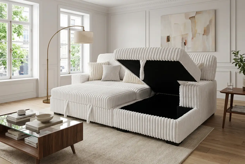 Venice Ivory Corduroy Storage Sleeper Sectional w/ Dual Cupholders & USB Ports by Ornate Furniture