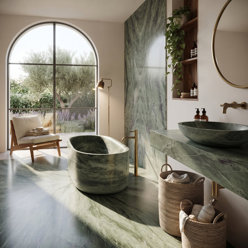 A luxury bathroom interior featuring a freestanding oval bathtub and matching stone vessel sink on a floating marble countertop, with a large arched window, green marble wall and floor, woven baskets, and brass fixtures.