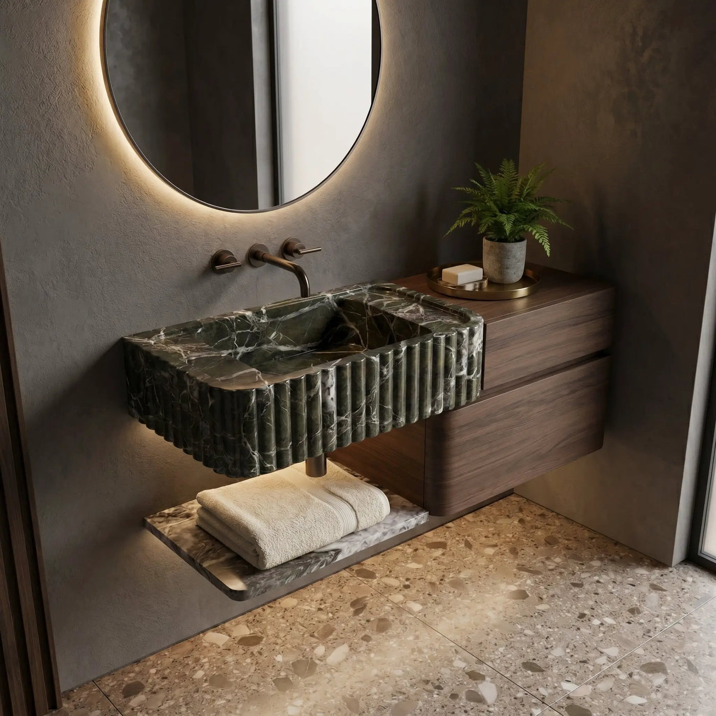 Verde Antico Marble Rectangular Wall-Mount Fluted Bathroom Sink 25x13 by GobekDesign