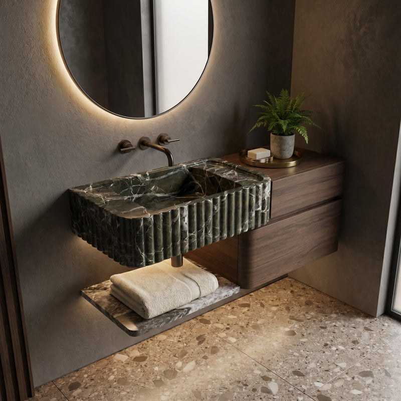 Verde Antico Marble Rectangular Wall-Mount Fluted Bathroom Sink 25x13 by GobekDesign