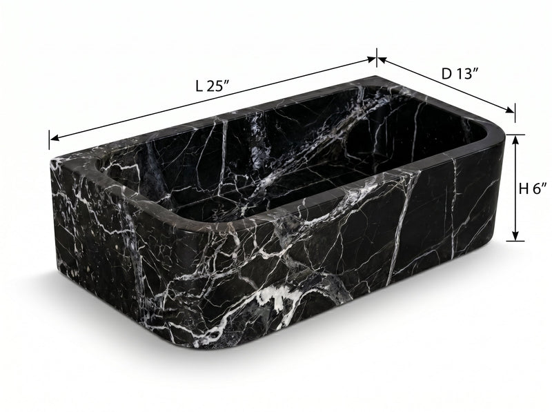 Verde Antico marble sink with dimensions labeled on a white background