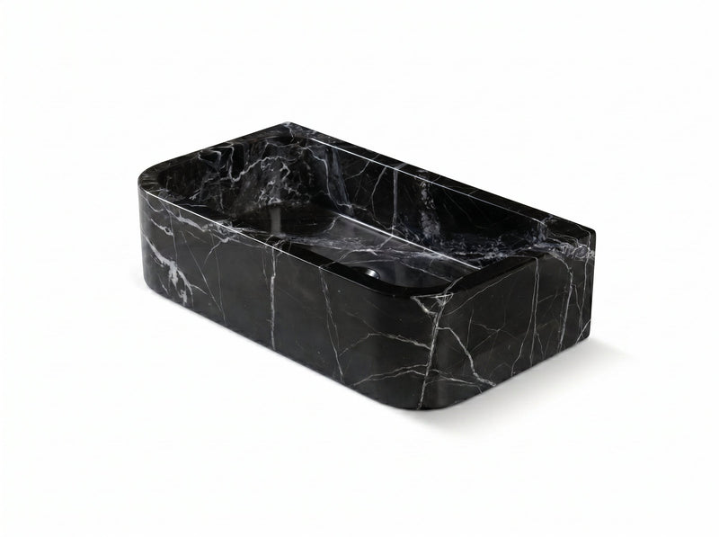 Verde Antico marble rectangular basin on a white background