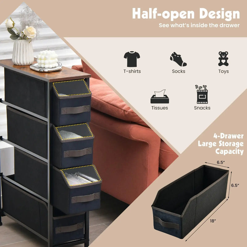 Vertical Narrow Dresser with 4 Removable Fabric Drawers-Rustic Brown by DirectDeals