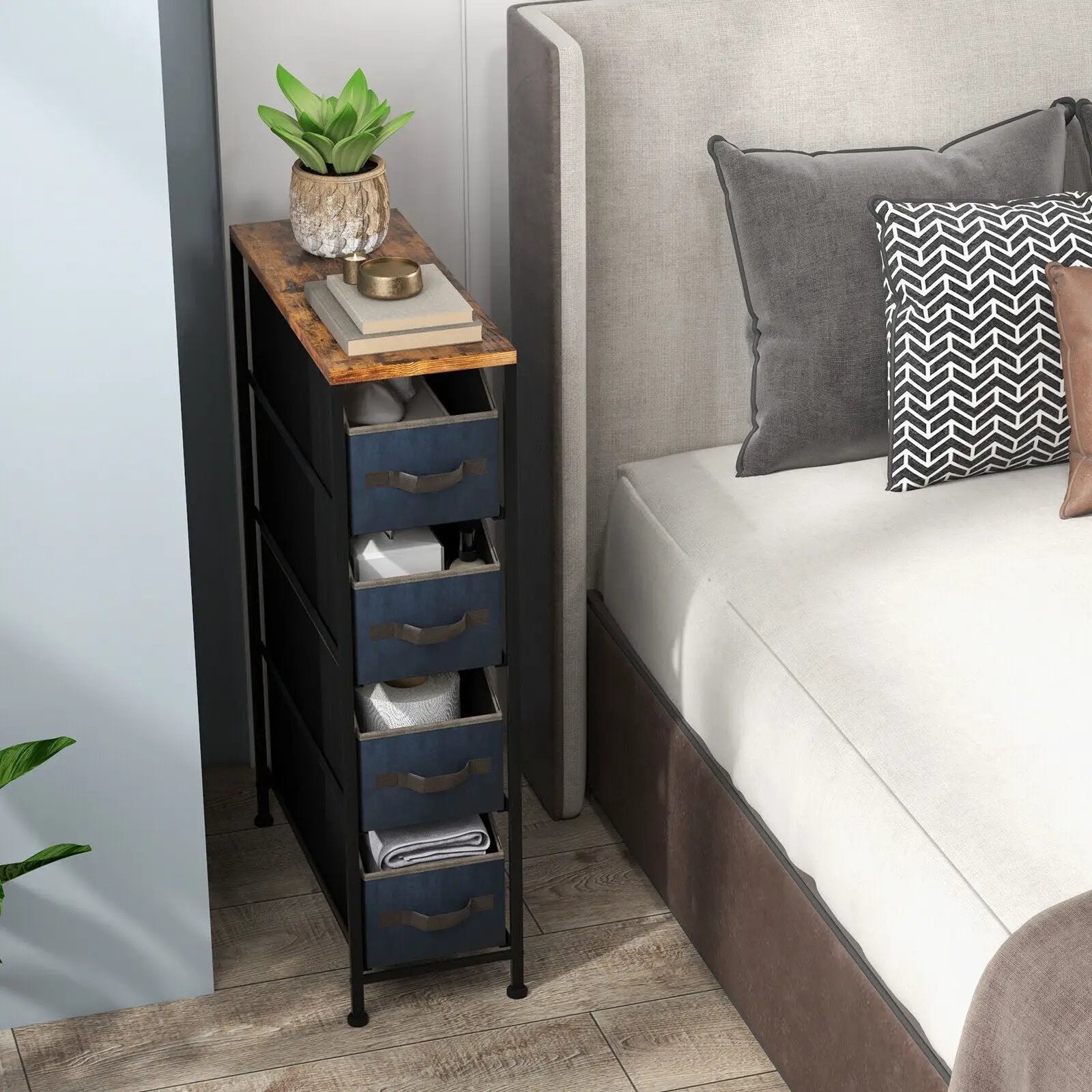 Vertical Narrow Dresser with 4 Removable Fabric Drawers-Rustic Brown by DirectDeals