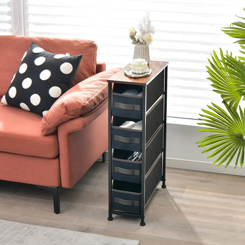Vertical Narrow Dresser with 4 Removable Fabric Drawers-Rustic Brown by DirectDeals