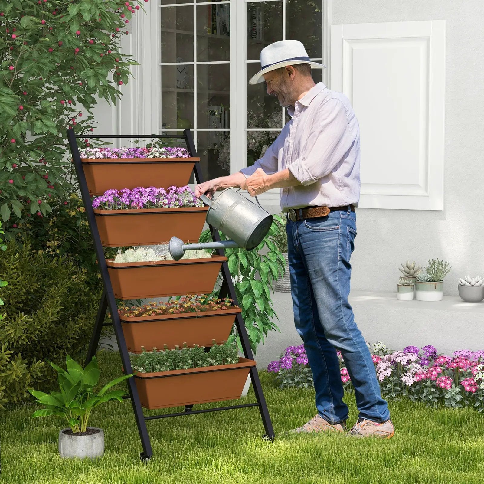 5-Tier Vertical Raised Garden Bed with Wheels and Container Boxes-Brown by DirectDeals