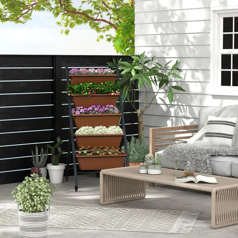 5-Tier Vertical Raised Garden Bed with Wheels and Container Boxes-Brown by DirectDeals
