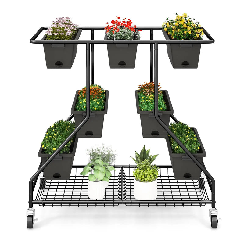 Vertical Raised Garden Bed with 7 Planter Boxes and Storage Baskets-Black by DirectDeals