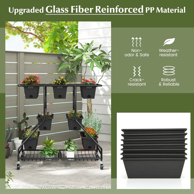Vertical Raised Garden Bed with 7 Planter Boxes and Storage Baskets-Black by DirectDeals