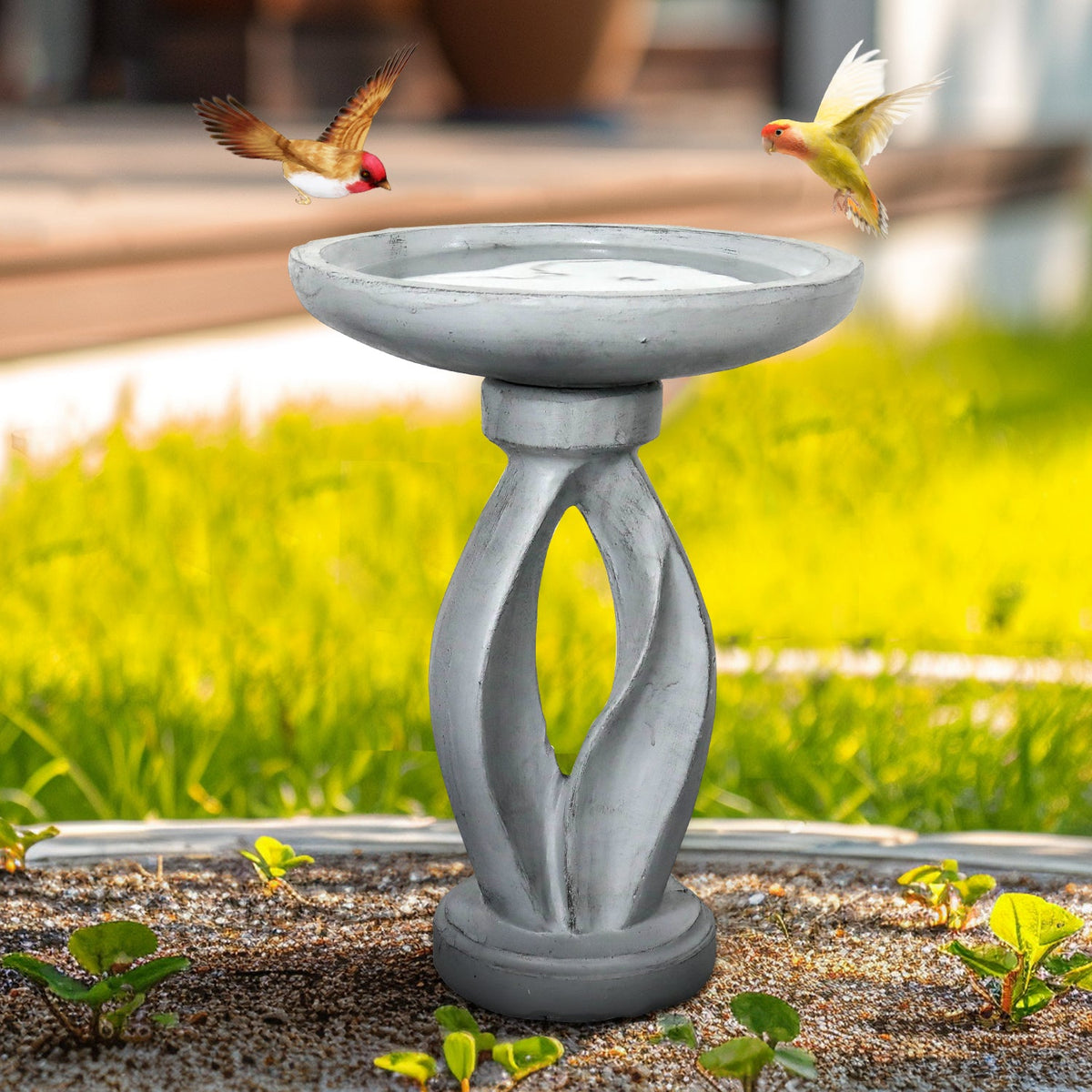 Concrete Bird Bath Contemporary Twin Cutout 22 Inch, photo 3 of 11