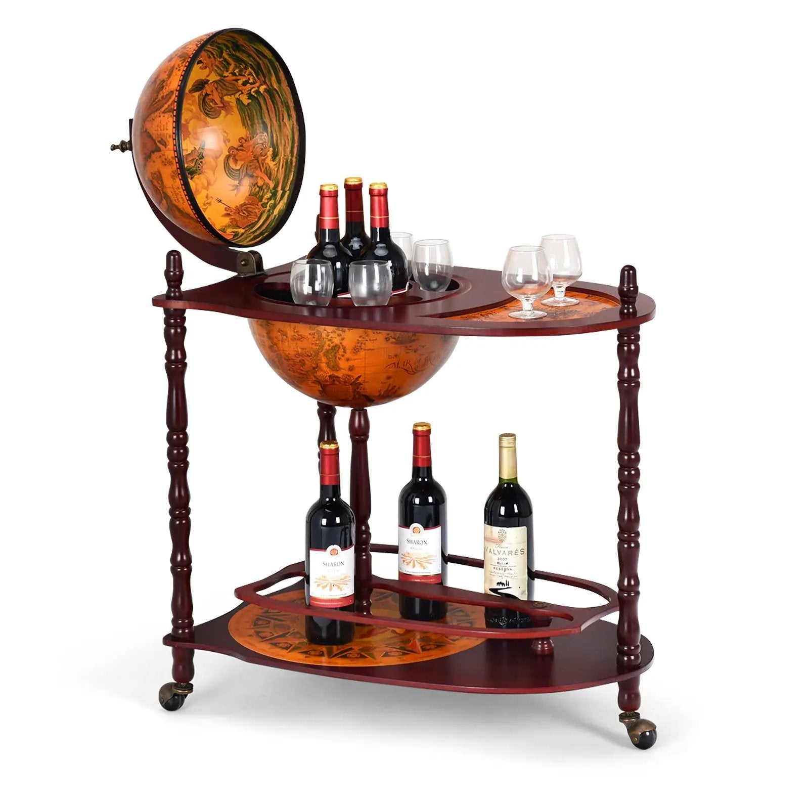 Vintage Globe Rolling Wine Bar Cart with Extra Shelf by DirectDeals