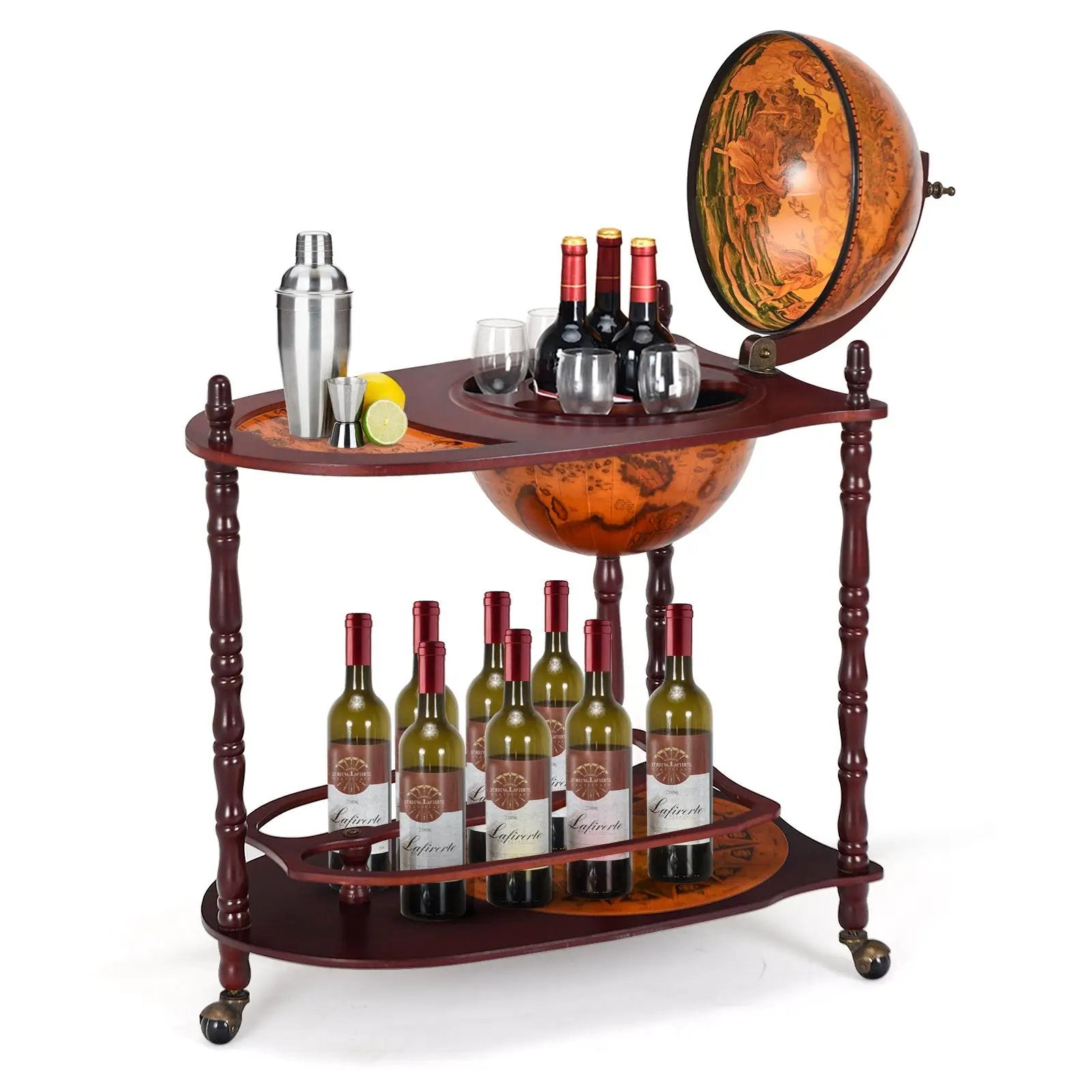 Vintage Globe Rolling Wine Bar Cart with Extra Shelf by DirectDeals