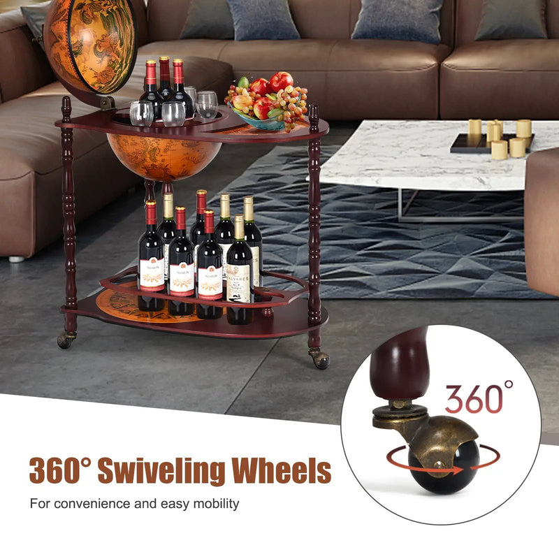 Vintage Globe Rolling Wine Bar Cart with Extra Shelf by DirectDeals