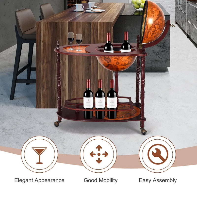 Vintage Globe Rolling Wine Bar Cart with Extra Shelf by DirectDeals