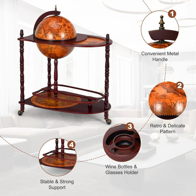 Vintage Globe Rolling Wine Bar Cart with Extra Shelf by DirectDeals