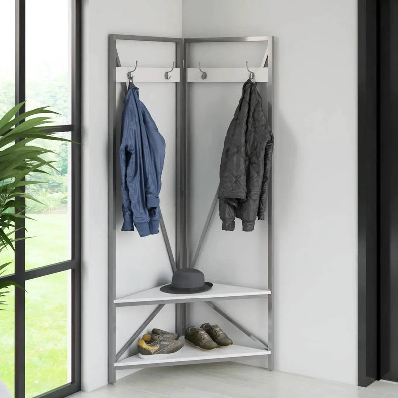 Modern Metal Hall Tree Coat Rack Shoe Storage Bench with White Seat and Shelf by HomePacific
