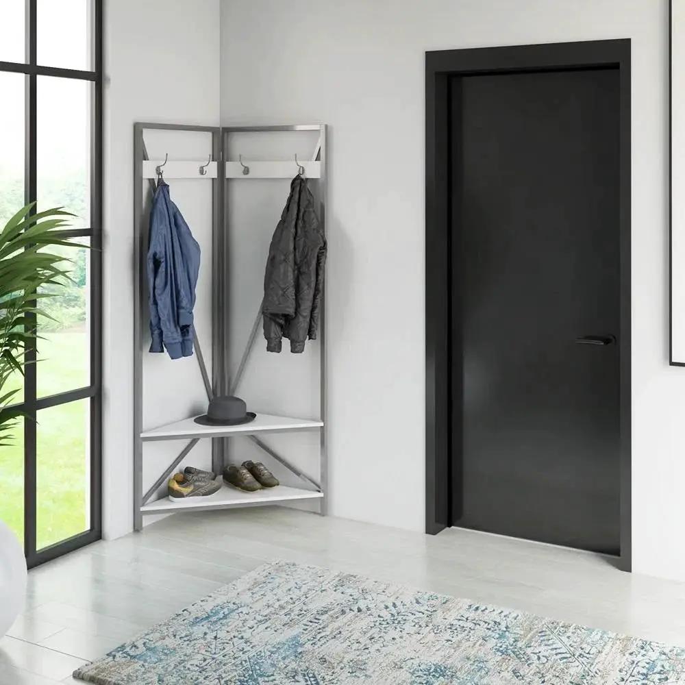 Modern Metal Hall Tree Coat Rack Shoe Storage Bench with White Seat and Shelf by HomePacific