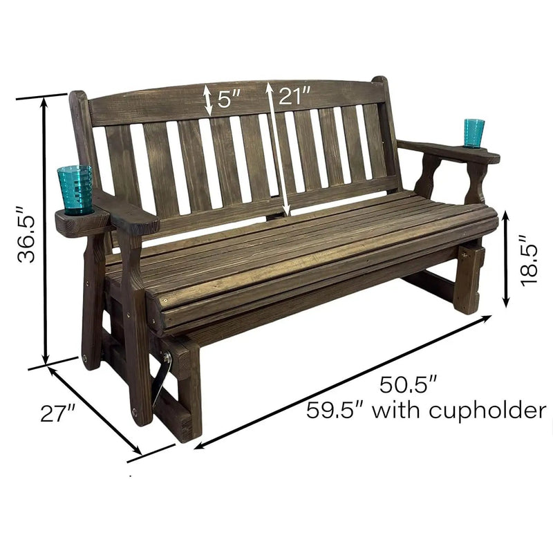 4ft Heavy Duty Porch Glider Bench with Cupholders in Dark Walnut - Made in USA by HomePacific