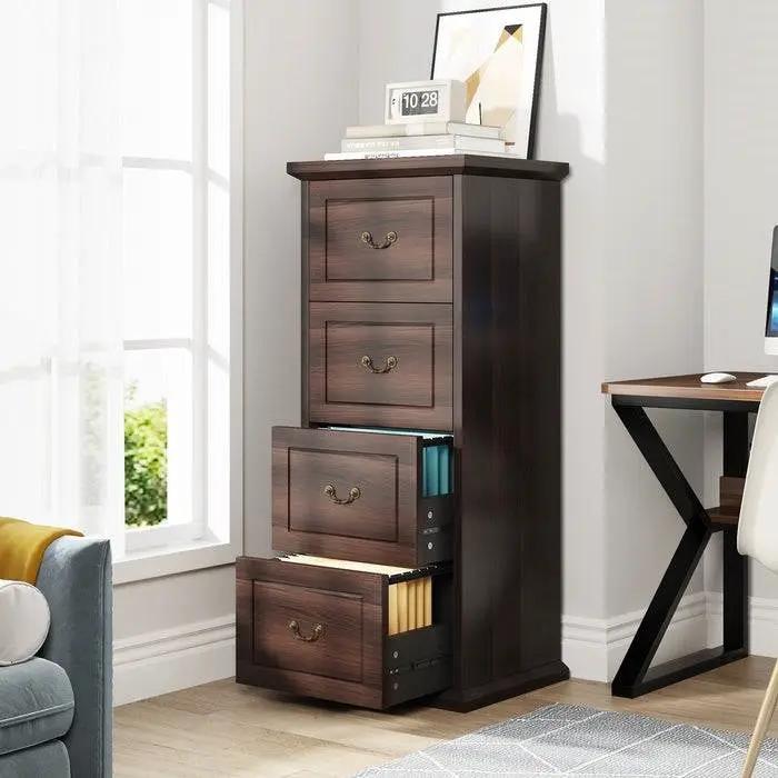 Traditional Vertical File Cabinet in Walnut Wood Finish with 4 Storage Drawers by HomePacific