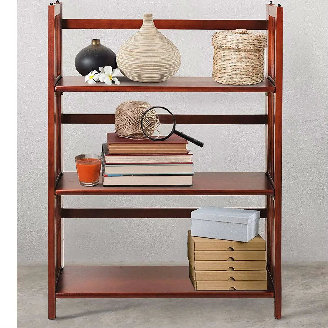 3-Shelf Folding Storage Shelves Bookcase in Walnut Wood Finish by HomePacific
