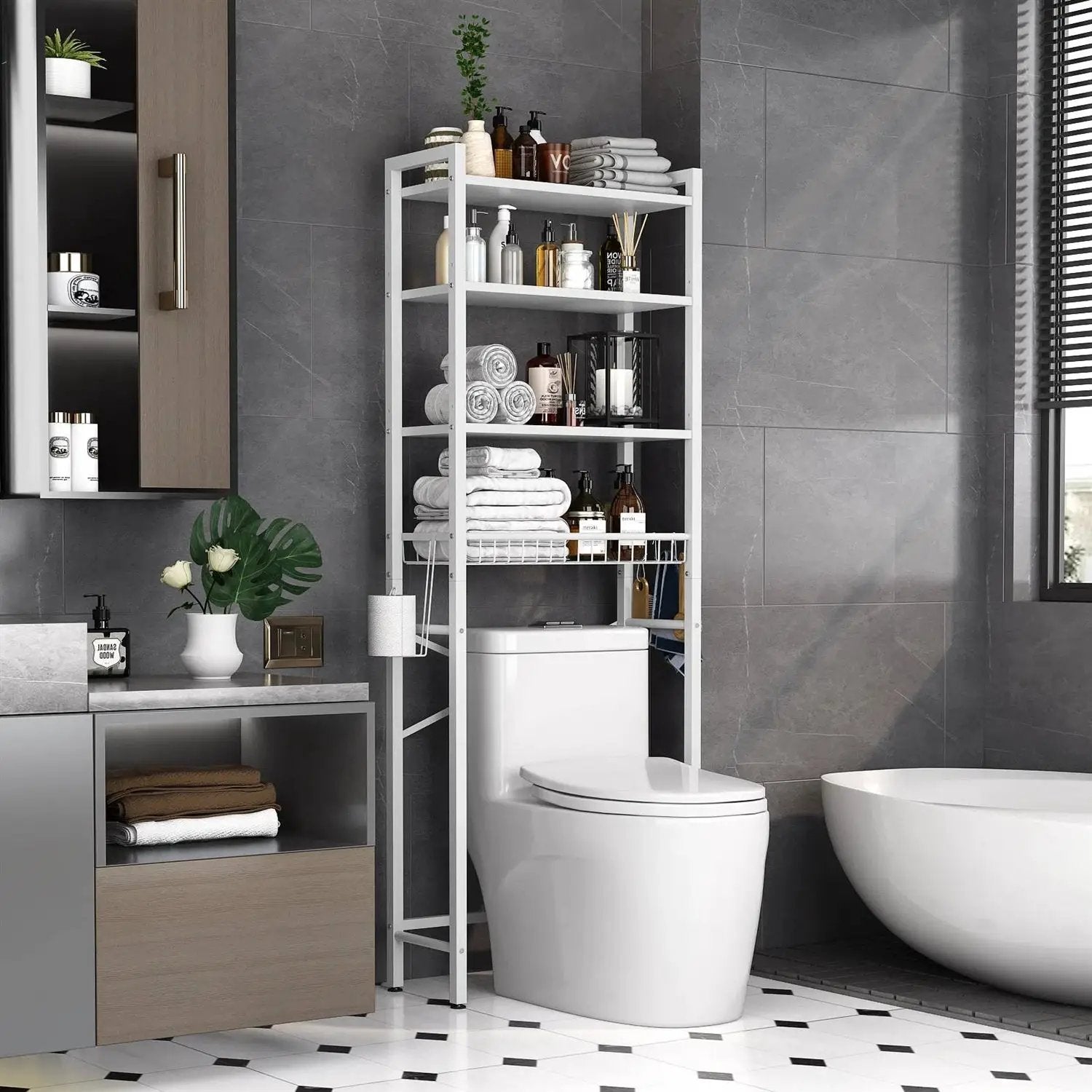 White Over the Toilet Storage Freestanding Industrial Metal Wood Shelving Unit by HomePacific