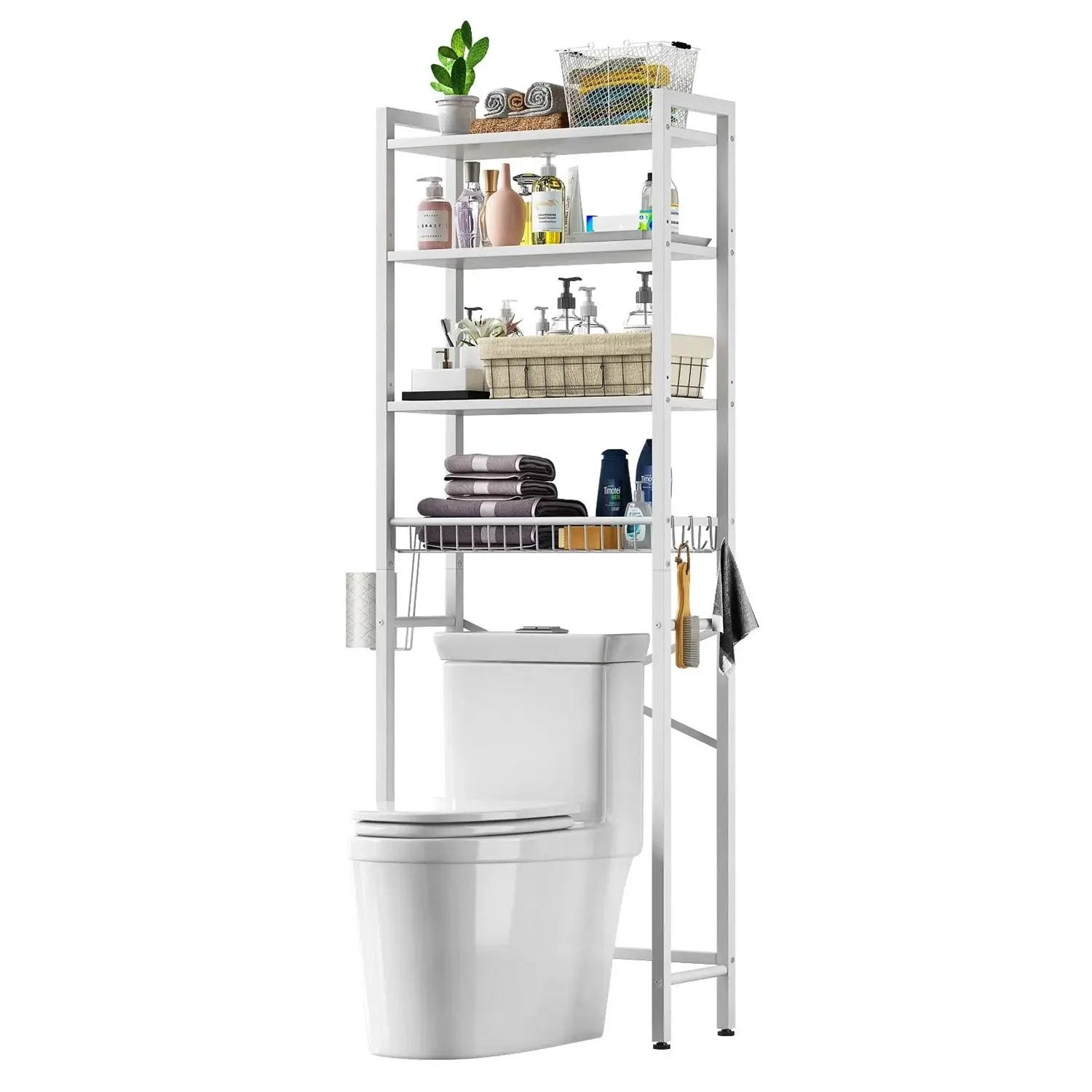 White Over the Toilet Storage Freestanding Industrial Metal Wood Shelving Unit by HomePacific