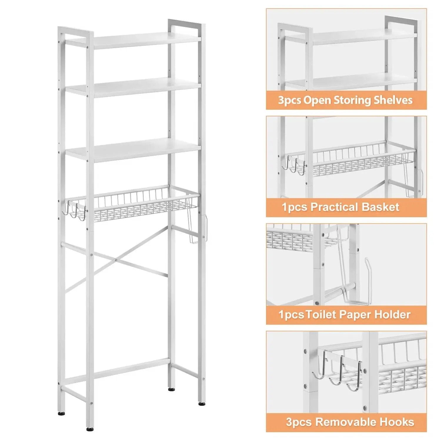 White Over the Toilet Storage Freestanding Industrial Metal Wood Shelving Unit by HomePacific