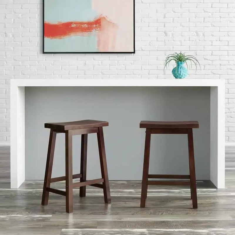 Set of 2 Farmhouse Counter Height Saddle Bar Stools in Brown Walnut Wood Finish by HomePacific