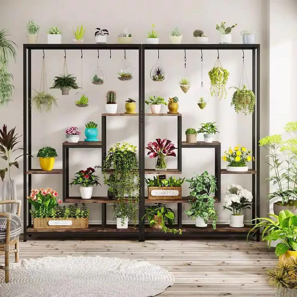 Modern Industrial Heavy Duty Metal Wood Plant Stand with 10 Hanging Hooks by HomePacific