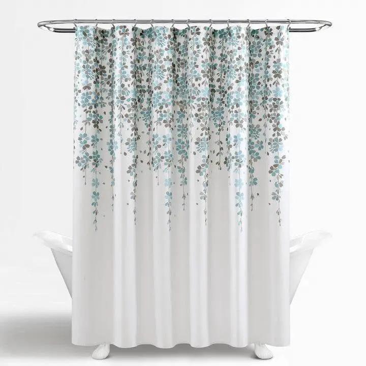 72-inch White Blue Grey Floral Flowers Shower Curtain by HomePacific