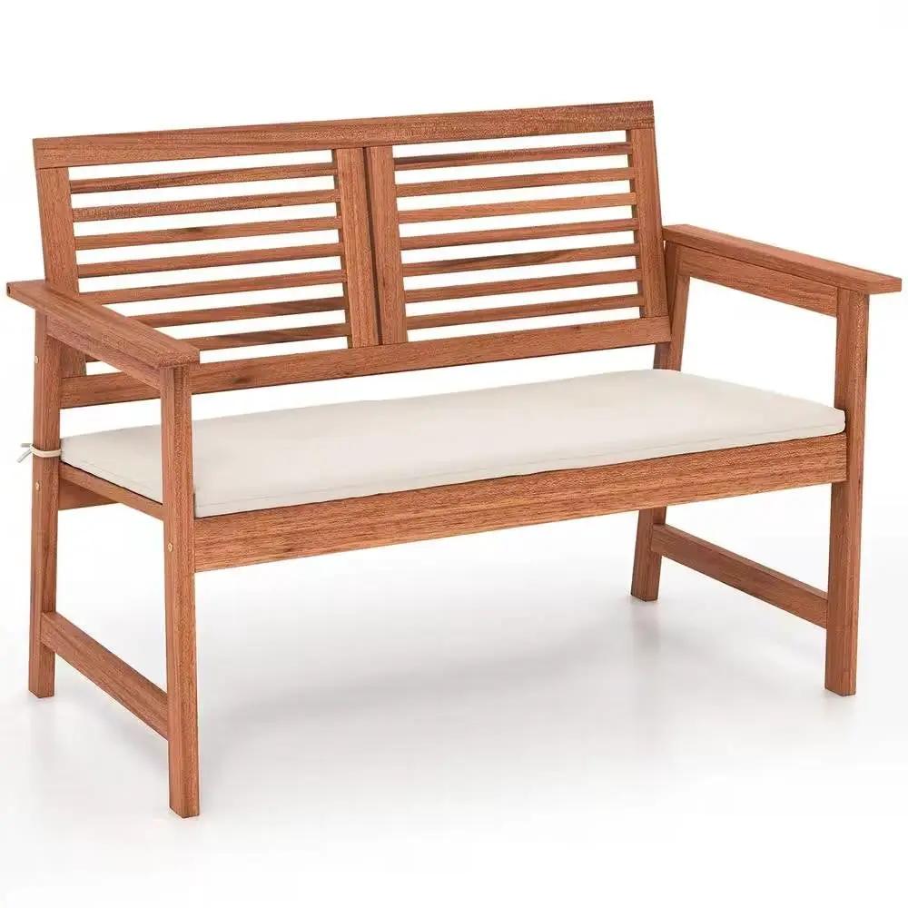 Solid Wood Outdoor Patio Garden Bench w/ Slatted Back Armrests and Seat Cushion by HomePacific