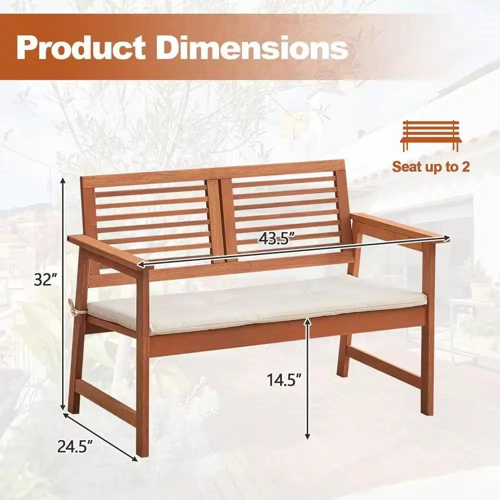 Solid Wood Outdoor Patio Garden Bench w/ Slatted Back Armrests and Seat Cushion by HomePacific