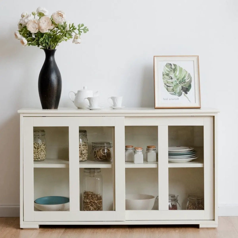 Modern White Wood Buffet Sideboard Cabinet with Glass Sliding Door by HomePacific
