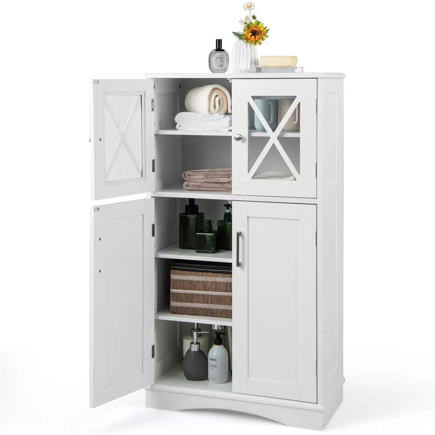 White Bathroom Towel Linen Cabinet with Glass Doors and Storage Shelves by HomePacific