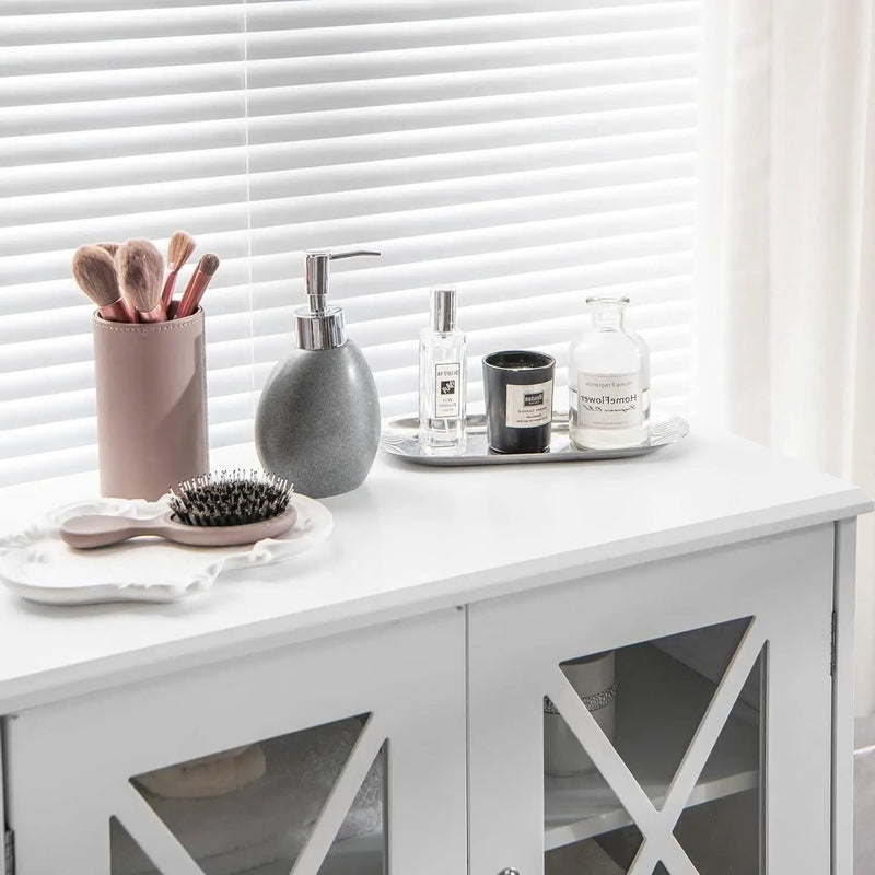 White Bathroom Towel Linen Cabinet with Glass Doors and Storage Shelves by HomePacific