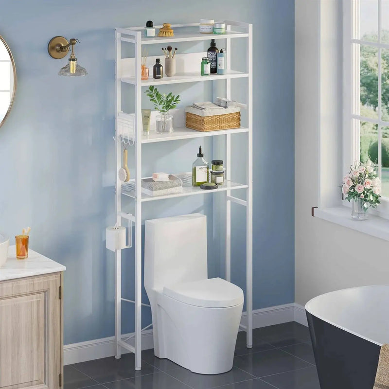 White Over the Toilet Storage Freestanding Modern Metal Wood Shelving Unit by HomePacific