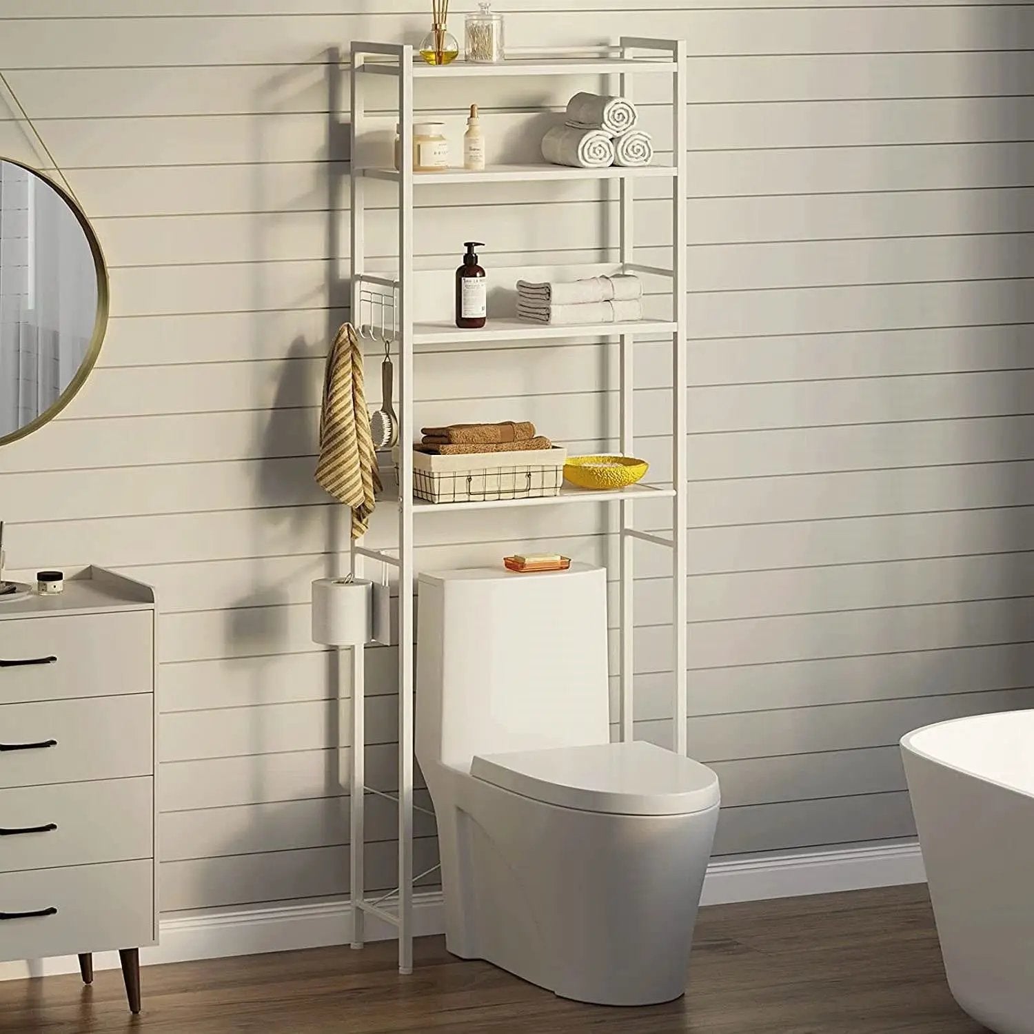 White Over the Toilet Storage Freestanding Modern Metal Wood Shelving Unit by HomePacific
