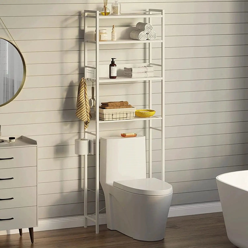 White Over the Toilet Storage Freestanding Modern Metal Wood Shelving Unit by HomePacific