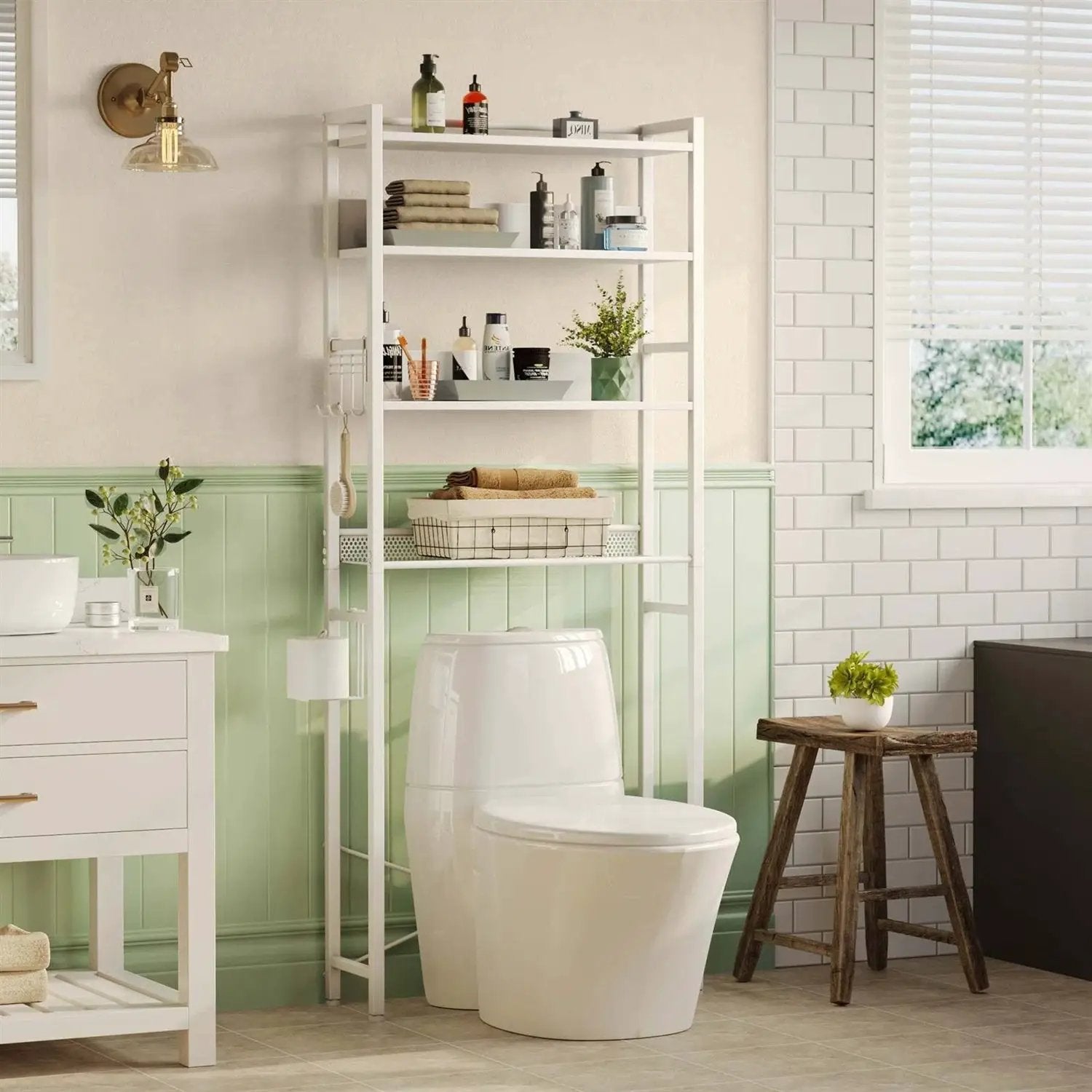 White Over the Toilet Storage Freestanding Modern Metal Wood Shelving Unit by HomePacific