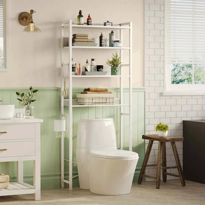 White Over the Toilet Storage Freestanding Modern Metal Wood Shelving Unit by HomePacific