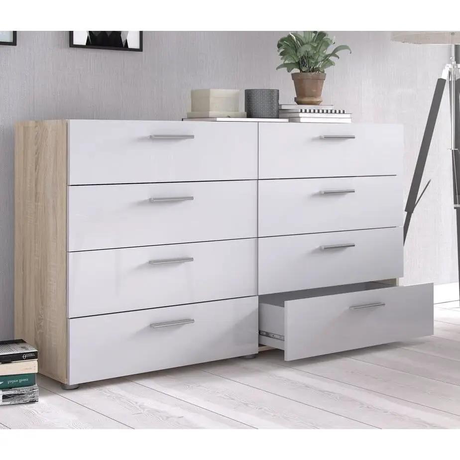 White Modern Bedroom 8-Drawer Double Dresser with Oak Finish Sides and Top by HomePacific