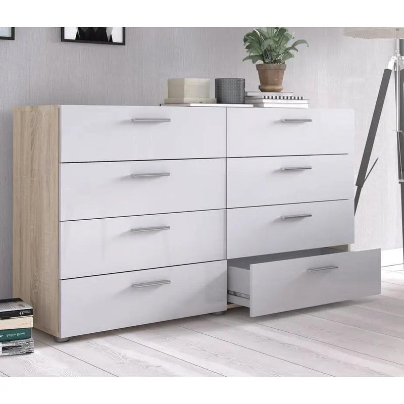 White Modern Bedroom 8-Drawer Double Dresser with Oak Finish Sides and Top by HomePacific