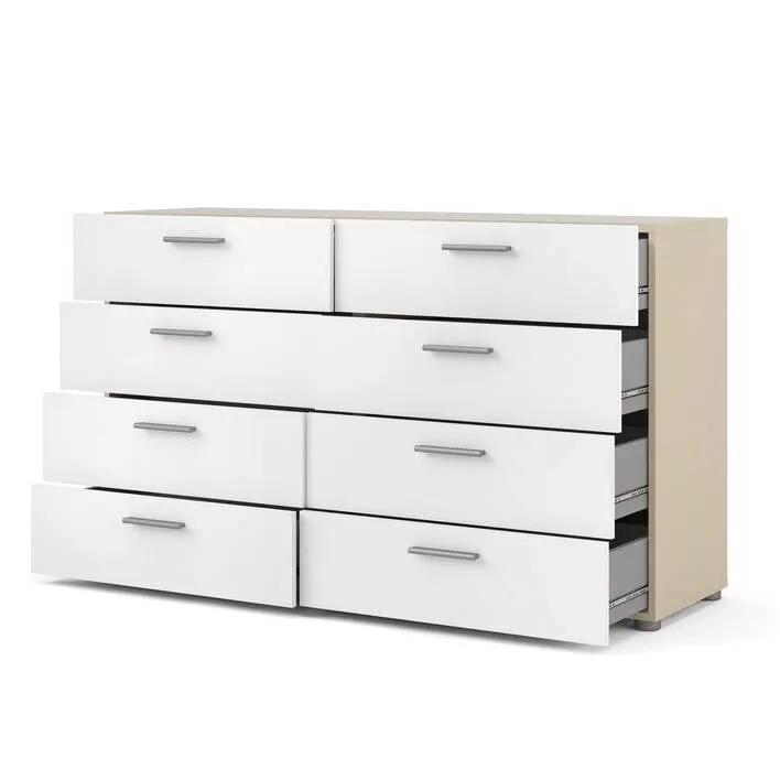 White Modern Bedroom 8-Drawer Double Dresser with Oak Finish Sides and Top by HomePacific
