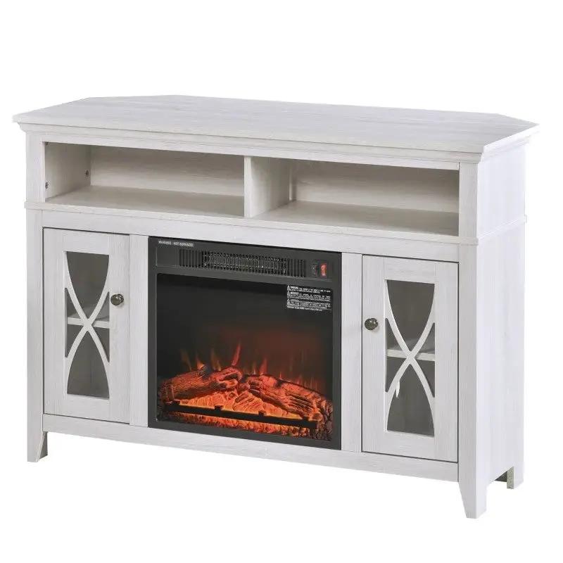 Rustic White Electric Fireplace Mantel TV Stand w/ Adjustable Shelves 2 Storage Cabinets by HomePacific