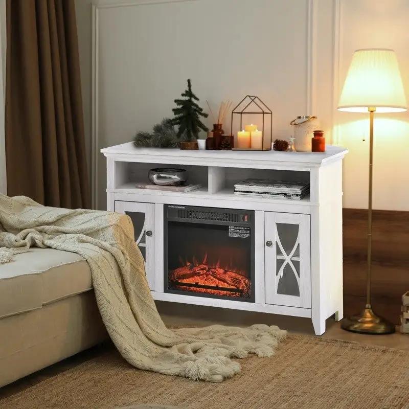 Rustic White Electric Fireplace Mantel TV Stand w/ Adjustable Shelves 2 Storage Cabinets by HomePacific