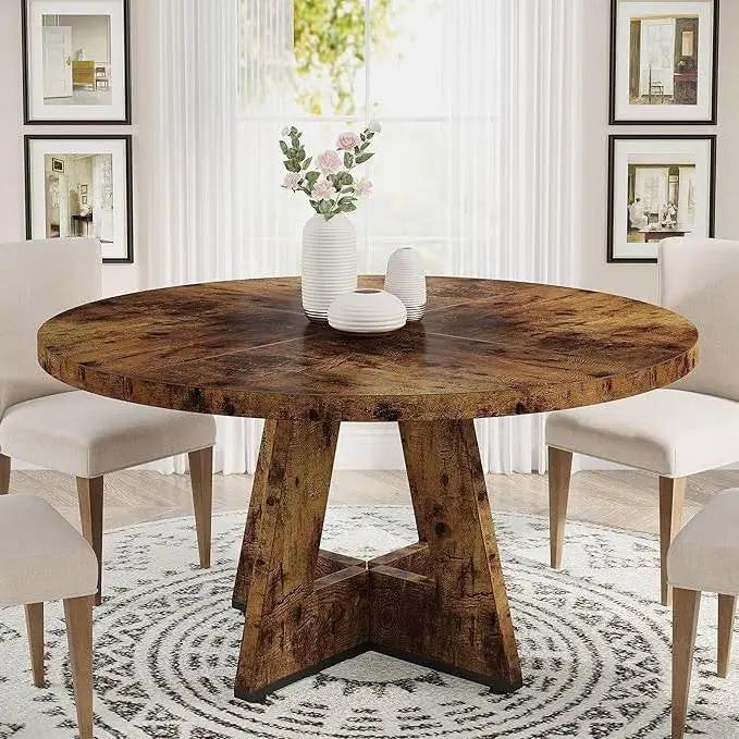 Modern Kitchen 4-Person Circular Dining Table in Rustic Brown Wood Finish by HomePacific