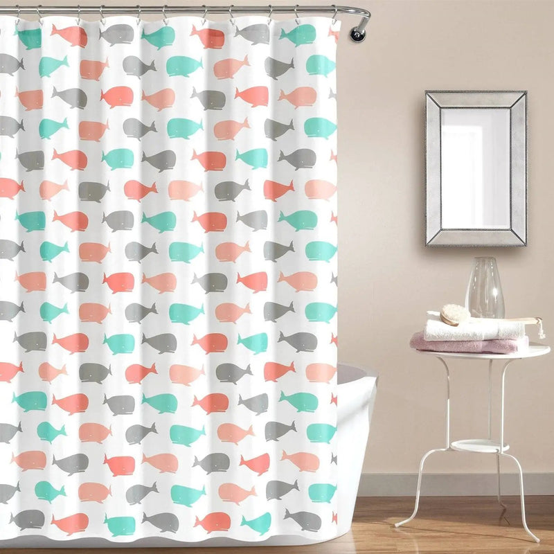 72-inch White Pink Aqua Blue Nautical Whales Polyester Shower Curtain by HomePacific