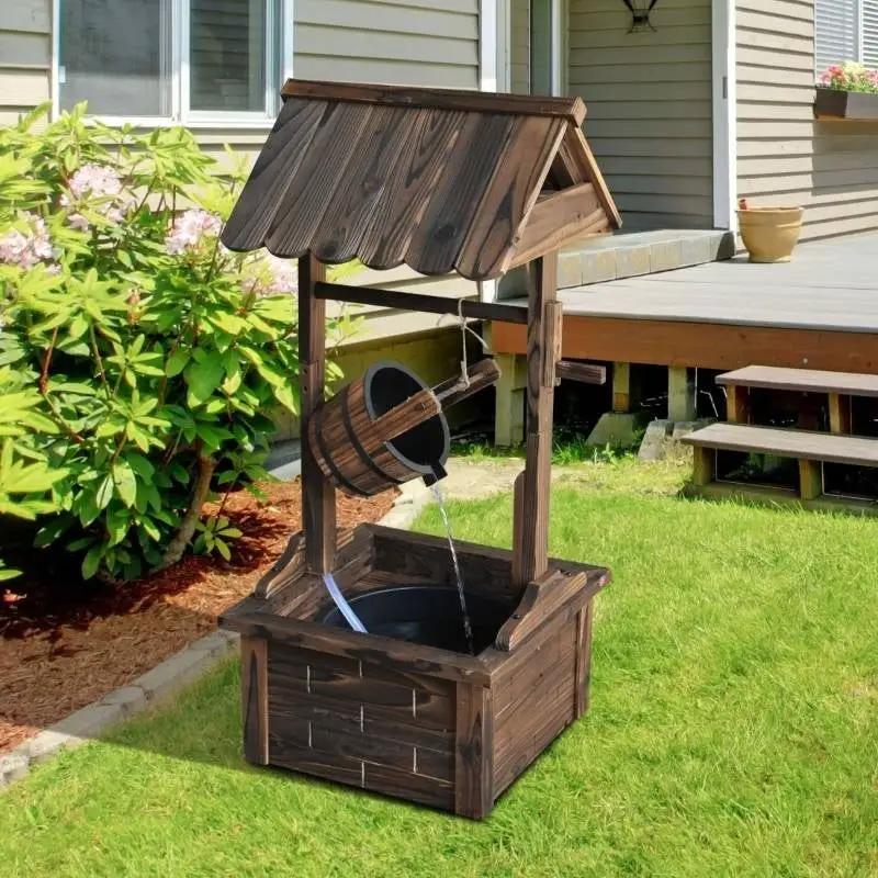 Outdoor Garden Solid Wood Wishing Well Water Fountain with Bucket and Pump by HomePacific
