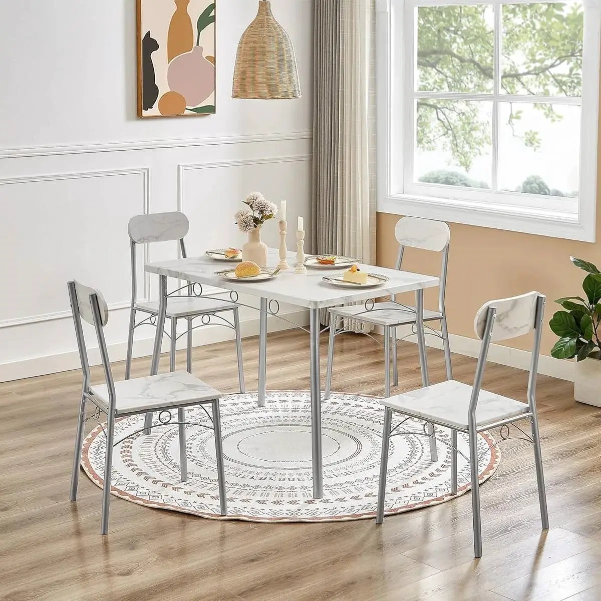 Modern 5-Piece Dining Set with White Faux Marble Top Table and 4 Chairs by HomePacific